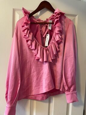 MSGM Pink Ruffled V-Neck Blouse